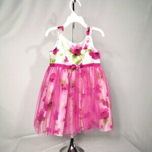 Rare Editions White Floral Dress Fuchsia Lace Overlay Tie Ribbon W/Rosebud Sz.3T